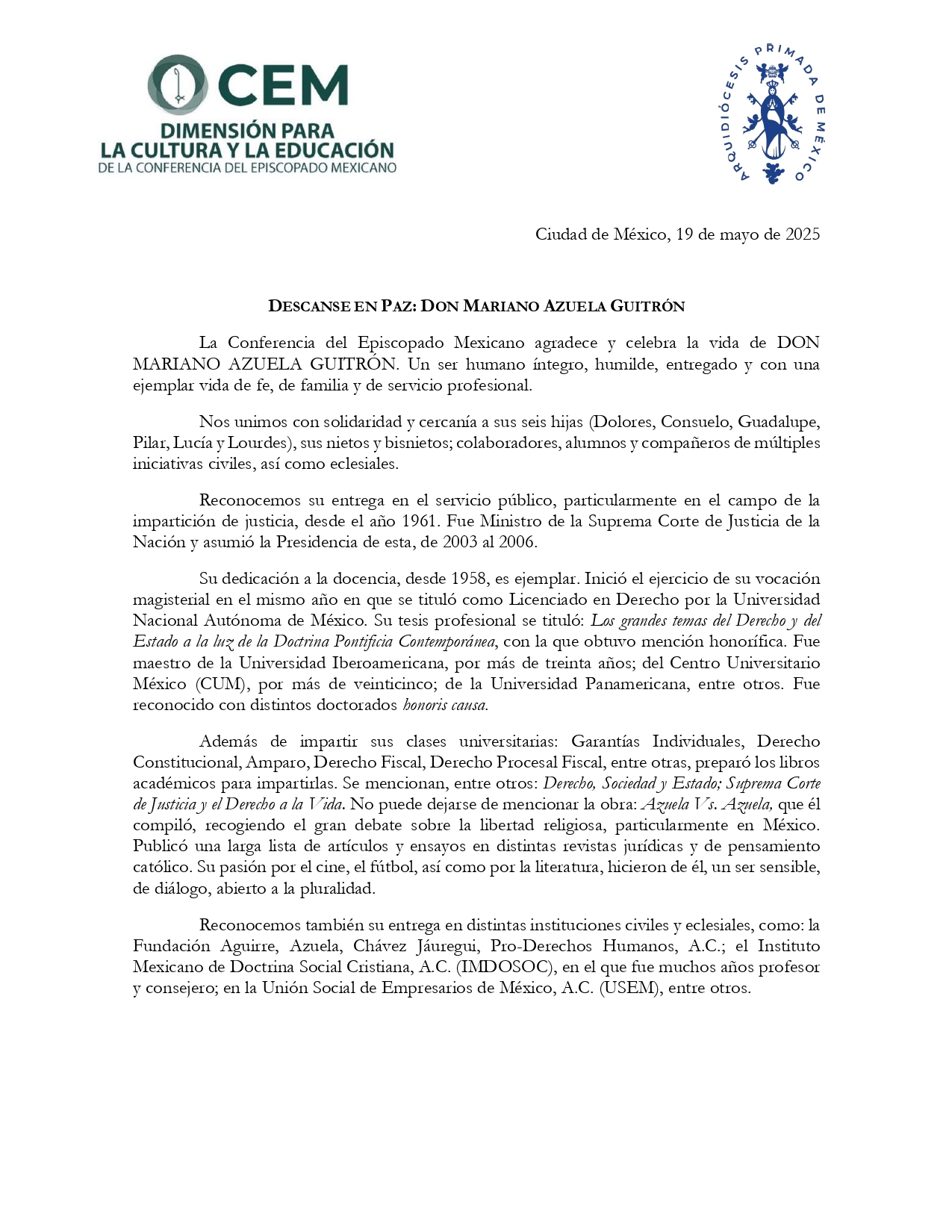 Condolencias por el sensible fallecimiento de Don Mariano Azuela Guitrón 1 page 0001